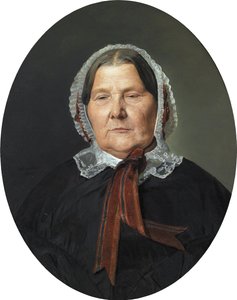 Old Woman in Black Dress and White Frilled Cap with Red Ribbons